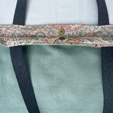 Load image into Gallery viewer, XL Tote bag. Sage green cotton corduroy and blue cotton denim tote bag.