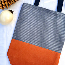 Load image into Gallery viewer, Tote bag. Vintage Japanese kimono fabric. Blue asanoha pattern. Orange cotton denim bottom.