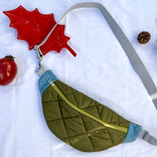 Load image into Gallery viewer, One-of-a-kind tote sling bag. Olive green woven quilt fabric, lined with a gorgeous blue and brown stripe cotton poplin ex-designer fabric.