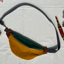 Load image into Gallery viewer, One-of-a-kind tote sling bag. Luxurious green and canary yellow cotton needlecord. Lined with a gorgeous red paisley cotton poplin fabric.