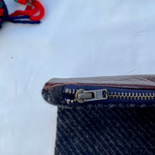 Load image into Gallery viewer, Navy blue and grey wool pouch and dark chocolate brown leather. 2-material pouch. Pouch with YKK zip. Zippered purse. Zippered pouch.