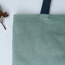 Load image into Gallery viewer, XL Tote bag. Sage green cotton corduroy and blue cotton denim tote bag.