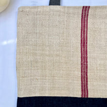 Load image into Gallery viewer, Tote bag. Vintage grain sack tote bag. Vertical burgundy stripe and indigo blue denim bottom.