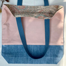 Load image into Gallery viewer, Tote bag. Dusty pink corduroy and light blue cotton denim tote bag.