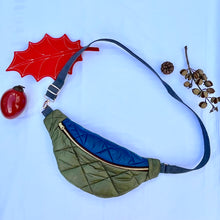 Load image into Gallery viewer, One-of-a-kind tote sling bag. Olive green and blue woven quilt fabric, lined with a gorgeous blue and brown stripe cotton poplin ex-designer fabric.