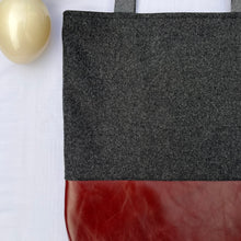 Load image into Gallery viewer, Tote bag. Luxurious grey tweed wool fabric and burgundy leather round bottom.