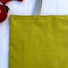 Load image into Gallery viewer, XL Tote bag. Lime green corduroy and blue cotton denim tote bag.