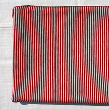 Load image into Gallery viewer, White and red striped denim fabric and brown leather Pouch with zip. Zippered purse. Zippered pouch. Cotton and leather. YKK zipper.