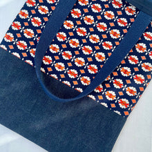 Load image into Gallery viewer, Tote bag. Vintage Japanese kimono fabric with an indigo blue denim bottom.