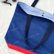 Load image into Gallery viewer, XL Tote bag. Blue cobalt corduroy and red cotton canvas tote bag.