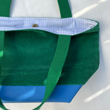 Load image into Gallery viewer, xs Handbag. Bag. Ex designer green cotton needlecord and blue leather handbag.