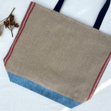 Load image into Gallery viewer, XL Tote Bag. Natural French linen fabric with raspberry red stripes and a light blue denim bottom.