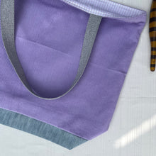 Load image into Gallery viewer, XL Tote bag. Mauve corduroy and light blue cotton denim tote bag.
