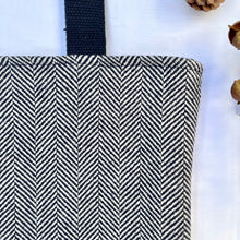 Load image into Gallery viewer, Tote bag. Navy blue and white herringbone wool fabric and blue denim tote. Ex designer fabric.