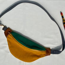 Load image into Gallery viewer, One-of-a-kind tote sling bag. Luxurious green and canary yellow cotton needlecord. Lined with a gorgeous red paisley cotton poplin fabric.