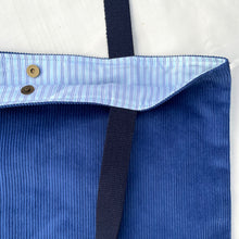 Load image into Gallery viewer, XL Tote bag. Blue cobalt corduroy and red cotton canvas tote bag.