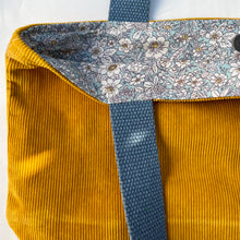 Load image into Gallery viewer, xs Handbag. Bag. Ex designer canary yellow cotton needlecord and blue denim handbag.
