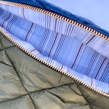 Load image into Gallery viewer, One-of-a-kind tote sling bag. Olive green and blue woven quilt fabric, lined with a gorgeous blue and brown stripe cotton poplin ex-designer fabric.