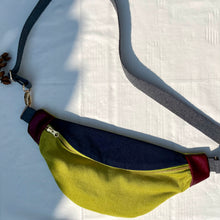 Load image into Gallery viewer, One-of-a-kind tote sling bag. Gorgeous navy blue and lime green corduroy. Lined with a navy blue and lime green striped cotton poplin fabric.