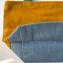 Load image into Gallery viewer, xs Handbag. Bag. Ex designer canary yellow cotton needlecord and blue denim handbag.