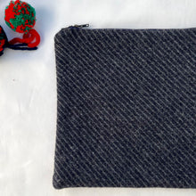 Load image into Gallery viewer, Navy blue and grey wool pouch and dark chocolate brown leather. 2-material pouch. Pouch with YKK zip. Zippered purse. Zippered pouch.