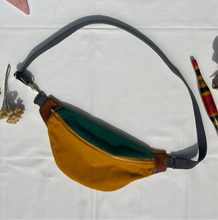 Load image into Gallery viewer, One-of-a-kind tote sling bag. Luxurious green and canary yellow cotton needlecord. Lined with a gorgeous red paisley cotton poplin fabric.