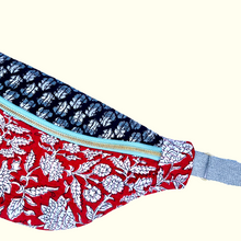 Load image into Gallery viewer, One-of-a-kind tote sling bag. Red and black Indian block print fabric.