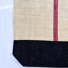 Load image into Gallery viewer, Tote bag. Vintage grain sack tote bag. Vertical burgundy stripe and indigo blue denim bottom.