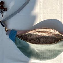 Load image into Gallery viewer, One-of-a-kind tote sling bag. Gorgeous sage green and dusty pink corduroy. Lined with a pink paisley cotton poplin fabric.