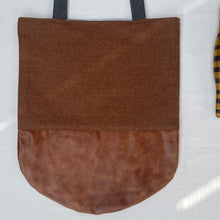 Load image into Gallery viewer, Tote bag. Luxurious brown wool fabric and distressed brown leather round bottom.