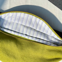 Load image into Gallery viewer, One-of-a-kind tote sling bag. Gorgeous navy blue and lime green corduroy. Lined with a navy blue and lime green striped cotton poplin fabric.