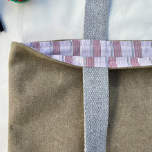 Load image into Gallery viewer, Tote bag. Light camel brown cotton canvas and stonewashed light blue denim tote.