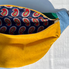 Load image into Gallery viewer, One-of-a-kind tote sling bag. Luxurious green and canary yellow cotton needlecord. Lined with a gorgeous red paisley cotton poplin fabric.