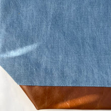 Load image into Gallery viewer, xs Handbag. Bag. Light blue cotton denim and brown leather handbag.
