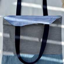 Load image into Gallery viewer, One of a kind bag. Tote Bag. Striped blue and white cotton denim with a dark blue denim bottom.