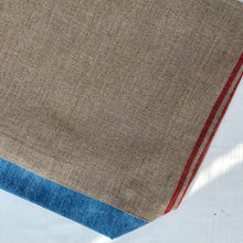 Load image into Gallery viewer, XL Tote Bag. Natural French linen fabric with raspberry red stripes and a light blue denim bottom.