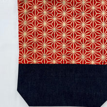 Load image into Gallery viewer, Tote bag. Vintage Japanese kimono fabric with a blue indigo denim bottom.