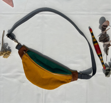 Load image into Gallery viewer, One-of-a-kind tote sling bag. Luxurious green and canary yellow cotton needlecord. Lined with a gorgeous red paisley cotton poplin fabric.