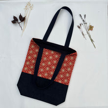 Load image into Gallery viewer, Tote bag. Vintage Japanese kimono fabric with a blue indigo denim bottom.