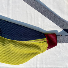 Load image into Gallery viewer, One-of-a-kind tote sling bag. Gorgeous navy blue and lime green corduroy. Lined with a navy blue and lime green striped cotton poplin fabric.