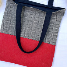Load image into Gallery viewer, Tote bag. Navy blue and white herringbone wool fabric and blue denim tote. Ex designer fabric.