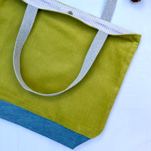 Load image into Gallery viewer, XL Tote bag. Lime green corduroy and blue cotton denim tote bag.