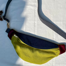 Load image into Gallery viewer, One-of-a-kind tote sling bag. Gorgeous navy blue and lime green corduroy. Lined with a navy blue and lime green striped cotton poplin fabric.