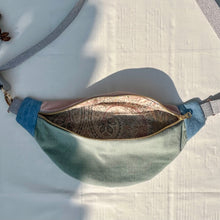 Load image into Gallery viewer, One-of-a-kind tote sling bag. Gorgeous sage green and dusty pink corduroy. Lined with a pink paisley cotton poplin fabric.