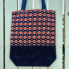 Load image into Gallery viewer, Tote bag. Vintage Japanese kimono fabric with an indigo blue denim bottom.