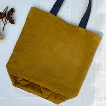 Load image into Gallery viewer, Tote bag. Hand bag. Shopper bag. Golden mustard corduroy and golden brown woven quilt shopper bag.