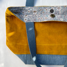 Load image into Gallery viewer, xs Handbag. Bag. Ex designer canary yellow cotton needlecord and blue denim handbag.