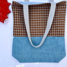 Load image into Gallery viewer, Tote bag. Luxurious grey and brown houndstooth patterned wool and blue cotton denim tote. Ex designer fabric.