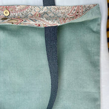 Load image into Gallery viewer, XL Tote bag. Sage green cotton corduroy and blue cotton denim tote bag.
