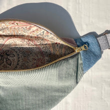 Load image into Gallery viewer, One-of-a-kind tote sling bag. Gorgeous sage green and dusty pink corduroy. Lined with a pink paisley cotton poplin fabric.